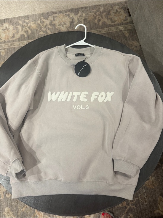 White Fox Boutique Tops - White Fox Boutique Crewneck Sweatshirt in Light Taupe with White Print S/M New
